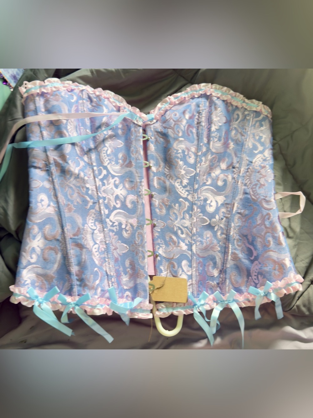 35” + 4” pink and blue jaquard damask corset, overbust, modesty panel, ruffles